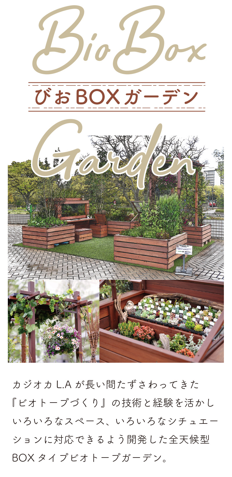 カジオカL.Aが長い間たずさわってきた『ビオトープづくり』の技術と経験を活かし いろいろなスペース、いろいろなシチュエーションに対応できるよう開発した全天候型BOXタイプビオトープガーデン。